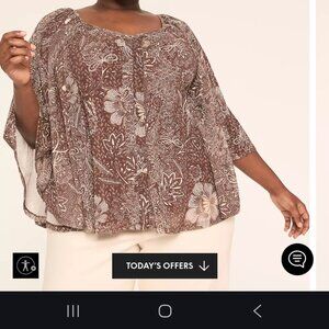Lane Bryant-Brown with White Floral-Mesh V-neck Circle Drama Top